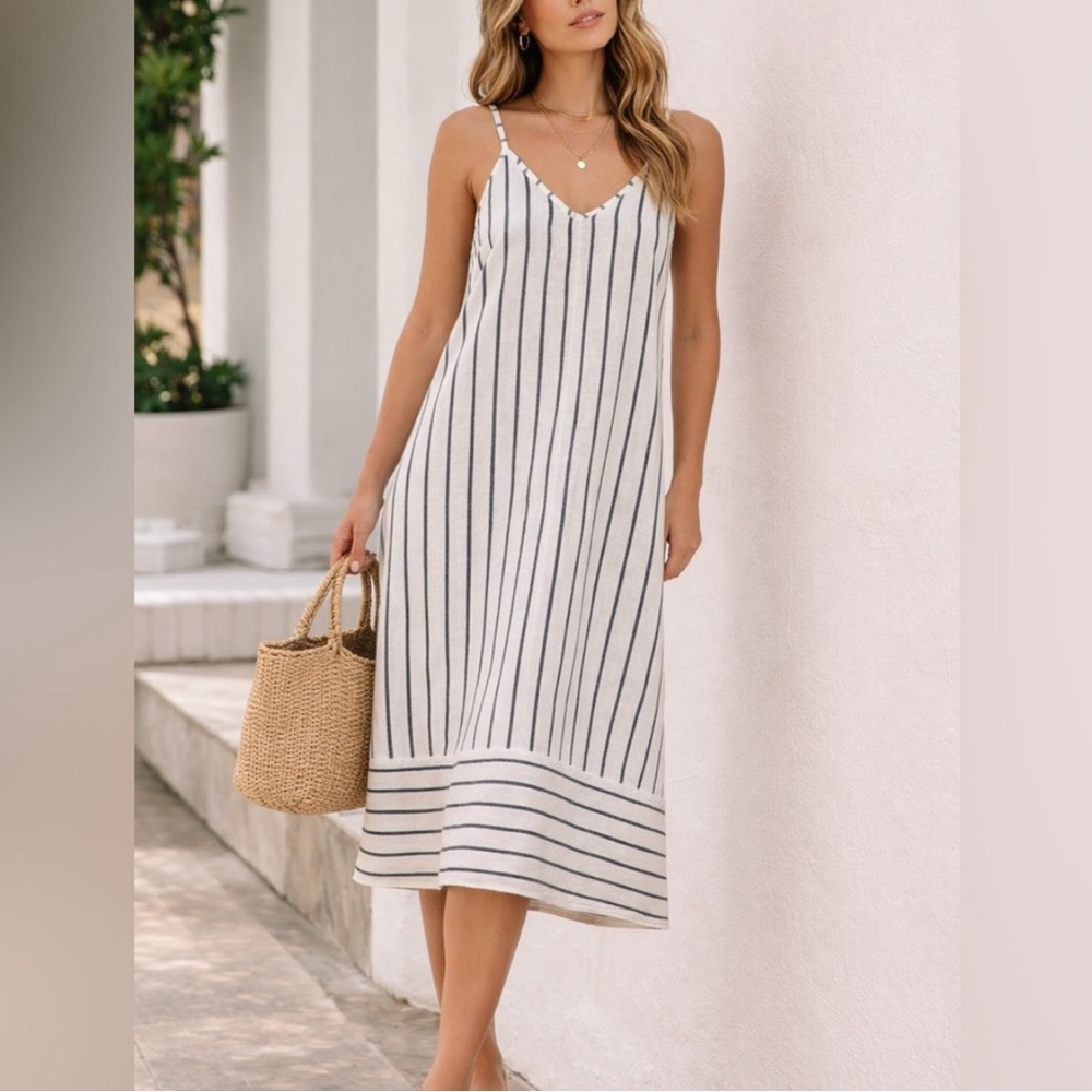 Terzo Millennio Linen Stripe Slip Midi Dress Made in Italy Size Small